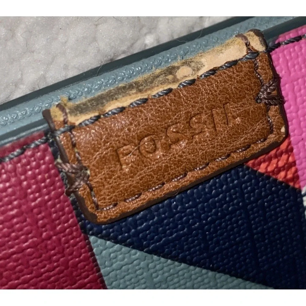 Fossil Multicolor Geometric Print Slim Card Holder Wallet Leather Trim